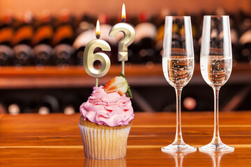 Cupcake With Numbers And Glasses With Wine For Birthday Or Anniversary