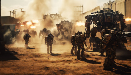 Generative AI Wars Future Battlefield Unleashes Robotic Squads into the Epic Conflict of Human vs. Machine Sci-Fi Battlezone Futuristic Soldiers and Advanced Weapons Ignite a Dystopian War