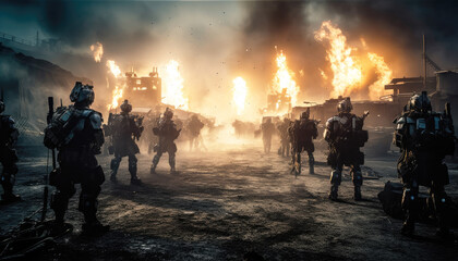 Generative AI Wars Future Battlefield Unleashes Robotic Squads into the Epic Conflict of Human vs. Machine Sci-Fi Battlezone Futuristic Soldiers and Advanced Weapons Ignite a Dystopian War