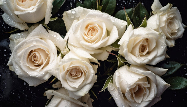 Botanical Romance of bunch of Fresh White Roses, Enhanced by Generative AI, With Water Drops Adorning its Delicate Petals
