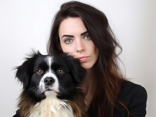 pretty woman with her dog. Studio shot. similarity between owner and pet. AI generative