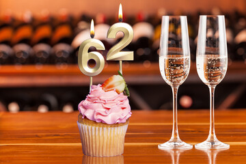 Cupcake With Numbers And Glasses With Wine For Birthday Or Anniversary