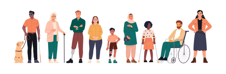 Inclusive People collection. Vector cartoon illustration in a flat style of a diverse group of people with different types of inclusiveness: LGBT, physical disability, religion, and age. 