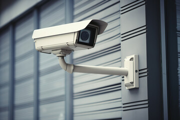 Security surveillance camera on wall, modern building. CCTV in city