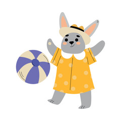 Cute Bunny Tourist Playing Ball Having Summer Resort Vacation Vector Illustration