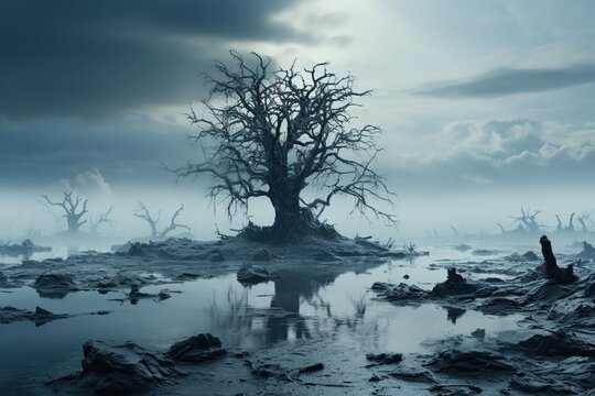 Frozen lake suspended in the sky surrounded by clouds, foggy, misty, dreamlike scenes. Generative AI