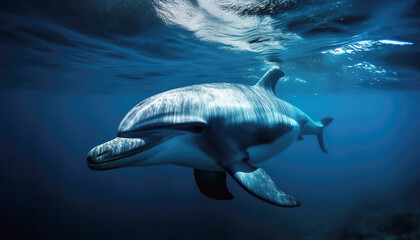 Fototapeta premium Blue marine wildlife Common bottlenose dolphin swimming underwater with sea life. Generative AI