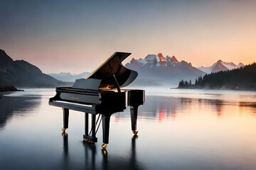 grand piano in sunset