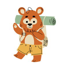 Funny Bear Traveler Character Walking with Backpack Vector Illustration