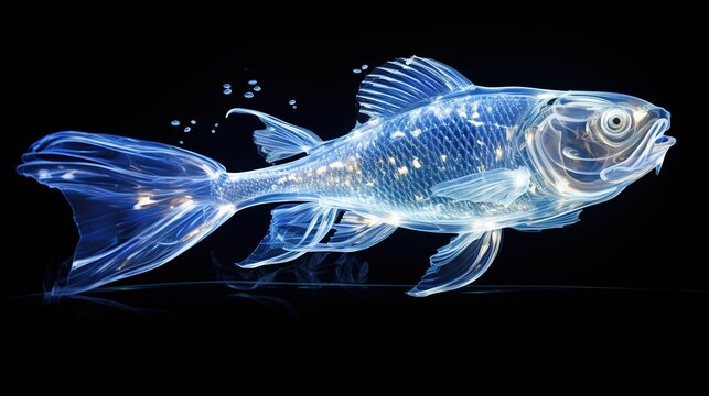 Light painting, jumping coi carp outline, white and blue light. Generative AI