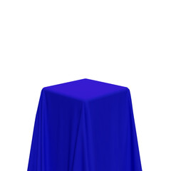 Blue fabric covering a cube or rectangular shape. Can be used as a stand for product display, draped table. Png clipart isolated cut out on transparent background