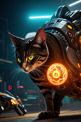 an extremely detailed biomechanical cyberpunk cat fighting with the enemy, glowing eyes, fantasy art, hyperrealism, polished, beautiful, radiant, colorful, intricate, vray, nvdia ray tracing, octane