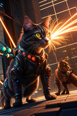 an extremely detailed biomechanical cyberpunk cat fighting with the enemy, glowing eyes, fantasy art, hyperrealism, polished, beautiful, radiant, colorful, intricate, vray, nvdia ray tracing, octane