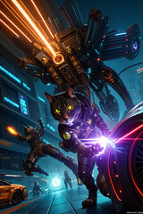 an extremely detailed biomechanical cyberpunk cat fighting with the enemy, glowing eyes, fantasy art, hyperrealism, polished, beautiful, radiant, colorful, intricate, vray, nvdia ray tracing, octane