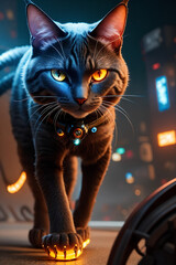 an extremely detailed biomechanical cyberpunk cat fighting with the enemy, glowing eyes, fantasy art, hyperrealism, polished, beautiful, radiant, colorful, intricate, vray, nvdia ray tracing, octane