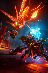 an extremely detailed biomechanical cyberpunk cat fighting with the enemy, glowing eyes, fantasy art, hyperrealism, polished, beautiful, radiant, colorful, intricate, vray, nvdia ray tracing, octane