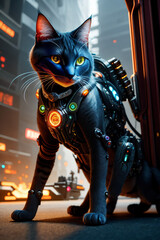 an extremely detailed biomechanical cyberpunk cat fighting with the enemy, glowing eyes, fantasy art, hyperrealism, polished, beautiful, radiant, colorful, intricate, vray, nvdia ray tracing, octane