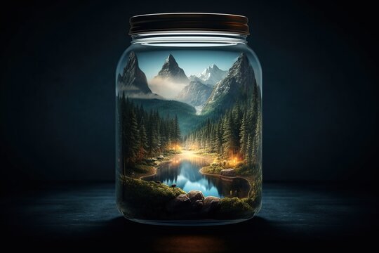 Mountains and trees and a lake contained inside a glass jar. Generative AI