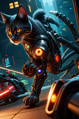 an extremely detailed biomechanical cyberpunk cat fighting with the enemy, glowing eyes, fantasy art, hyperrealism, polished, beautiful, radiant, colorful, intricate, vray, nvdia ray tracing, octane 