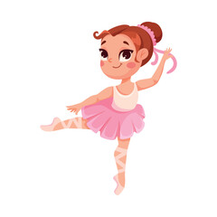 Cute Ballerina Girl in Pink Tutu Skirt and Pointe Shoes Dancing Ballet Vector Illustration