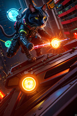 an extremely detailed biomechanical cyberpunk cat fighting with the enemy, glowing eyes, fantasy art, hyperrealism, polished, beautiful, radiant, colorful, intricate, vray, nvdia ray tracing, octane 