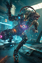 an extremely detailed biomechanical cyberpunk cat fighting with the enemy, glowing eyes, fantasy art, hyperrealism, polished, beautiful, radiant, colorful, intricate, vray, nvdia ray tracing, octane