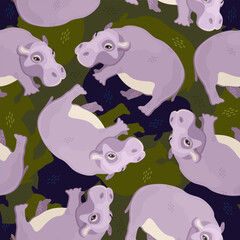Vector seamless cute pattern with hippos.