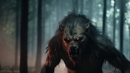 Woodland werewolf monstrosity lurking in the deepest darkest region of a scary cursed forest, vampiric lust for blood and malignant rabies infected madness overwhelms him at full moon - generative AI
