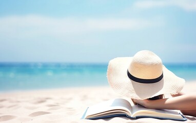 Fototapeta na wymiar A person enjoying a relaxing day at the beach, reading a book. Ai
