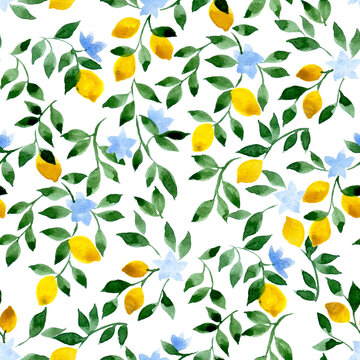 watercolor seamless pattern with small pattern. lemons, flowers and leaves on a white background. vintage print