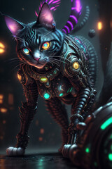 an extremely detailed biomechanical cyberpunk cat fighting with the enemy, glowing eyes, fantasy art, hyperrealism, polished, beautiful, radiant, colorful, intricate, vray, nvdia ray tracing, octane