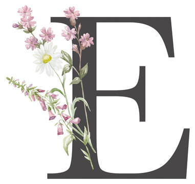 floral letter e with wildflowers clip art preview