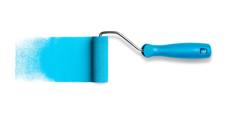 Paint roller with aqua blue stroke isolated on white