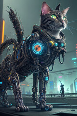 Fototapeta premium an extremely detailed biomechanical cyberpunk cat fighting with the enemy, glowing eyes, fantasy art, hyperrealism, polished, beautiful, radiant, colorful, intricate, vray, nvdia ray tracing, octane 