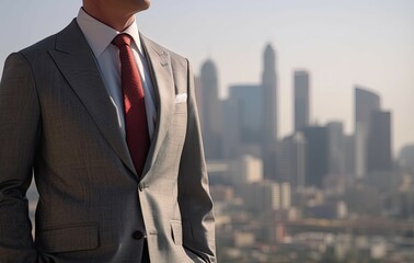 Fototapeta premium Handsome Businessman in Suit with City Skyline Background. Success and Professional Concept