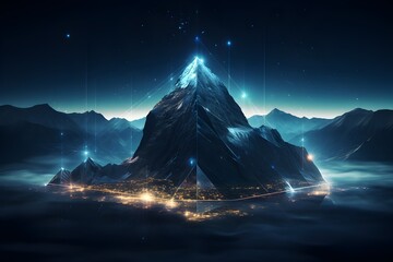 The mountain peak represents the ultimate success and accomplishment in the age of digital transformation. Employing innovative strategies to change the business environment. Generative AI 
