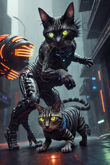 an extremely detailed biomechanical cyberpunk cat fighting with the enemy, glowing eyes, fantasy art, hyperrealism, polished, beautiful, radiant, colorful, intricate, vray, nvdia ray tracing, octane 