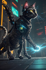 an extremely detailed biomechanical cyberpunk cat fighting with the enemy, glowing eyes, fantasy art, hyperrealism, polished, beautiful, radiant, colorful, intricate, vray, nvdia ray tracing, octane 