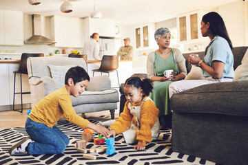 Family home, kids and siblings with toys, living room and play on floor with grandparents, parents...