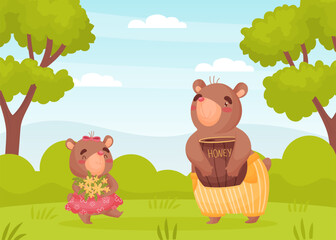 Cute Brown Bear Animal Character on Green Lawn with Honey Pot and Flowers Vector Illustration