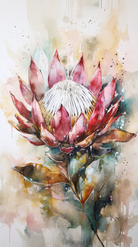 Abstract floral oil painting. Colorful protea flower art