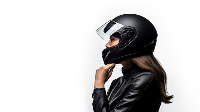 Portrait Of Confident Motorcyclist Woman Posing With A Black Helmet On A White Background.