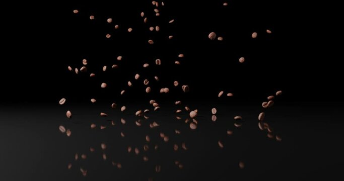 Coffee beans falling onto a shiny surface in slow motion and bouncing off. 3d render