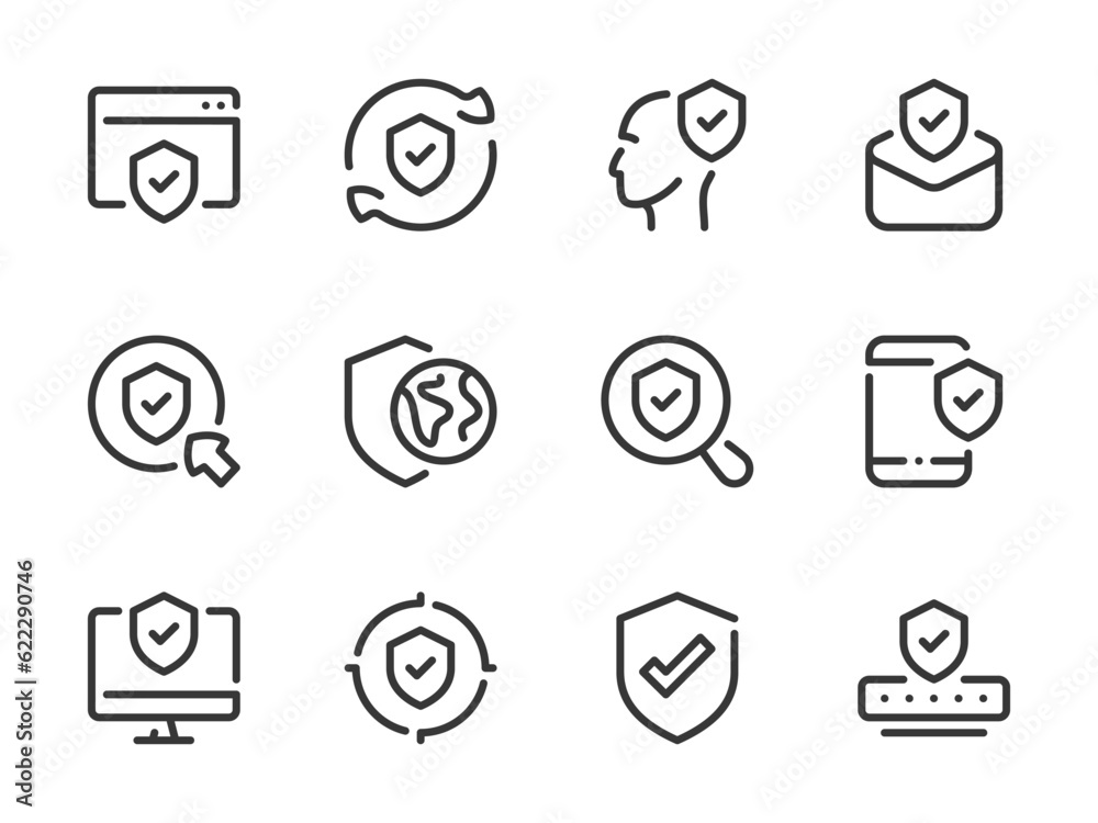 Poster data security and cyber protection vector line icons. web guard and personal safety outline icon set