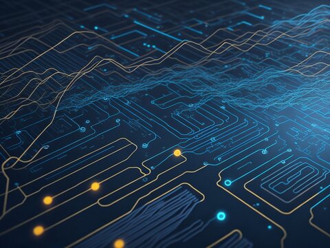 An abstract illustration of data flowing through a network of nodes, digital background with binary code and AI algorithms running in the background, Futuristic technology wallpaper with digital wave
