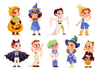 Children in Bright Halloween Costumes Celebrate Holiday Vector Set