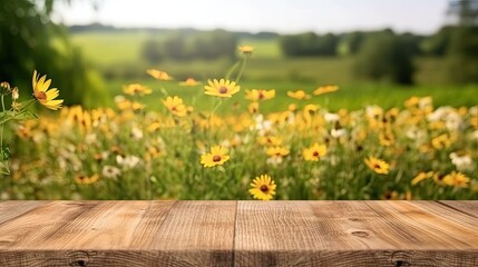 Naklejka na ściany i meble Empty wooden table top with blur background of sunflowers garden