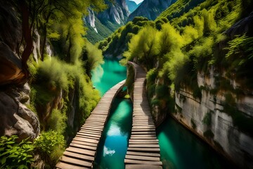 wooden bridge over the river in the mountains GENERATIVE AI