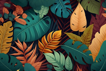 Plant And Leaves Background, Vibrant Color Floral Tropical Pattern