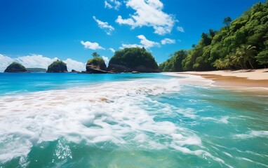A sandy beach with waves coming in to the shore. AI
